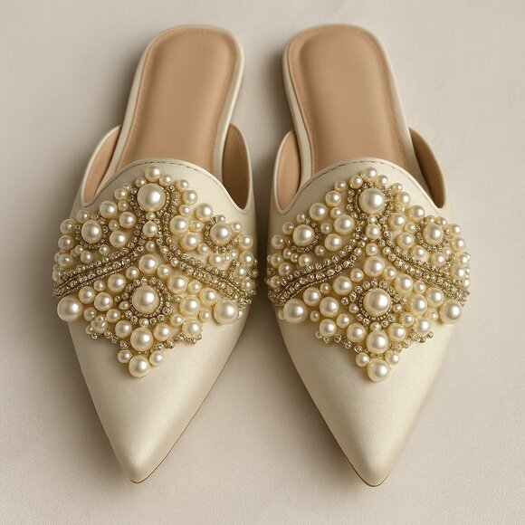 Lulus Pearl Embellished Pointed Toe Flats Women’s Size 8 Ivory Satin - Picture 1 of 4
